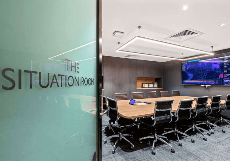 "The Situation Room," a spacious and meticulously crafted boardroom designed and constructed by Prima, Commercial Fitout for Secure Access.