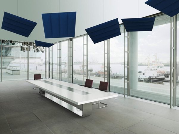 Baffle acoustic panels hanging in a modern office space