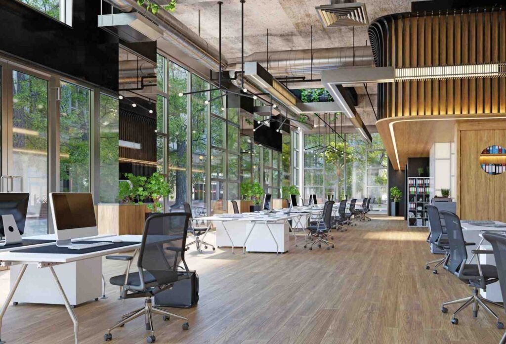 Modern office fit out with sleek furniture, open spaces, and contemporary design elements.