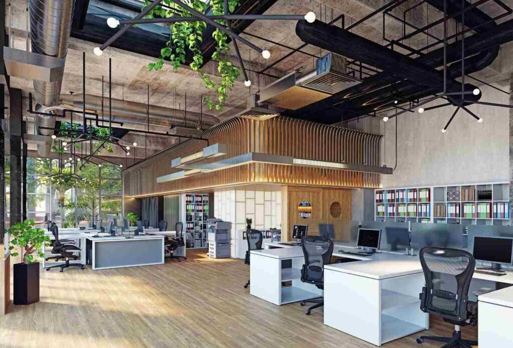 A contemporary office showcasing ergonomic furniture, warm lighting, and natural elements for an inviting and productive environment.