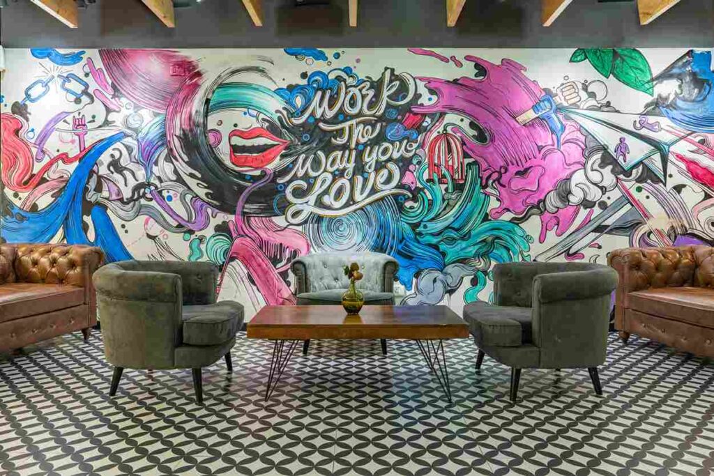 A lively and playful interior design with unique, unexpected details, bold colours, and creative features that reflect a fun and unconventional atmosphere for the business.