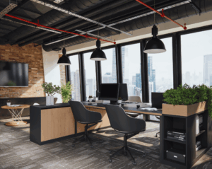Modern open-plan office with large windows, urban views, greenery, and contemporary furniture.