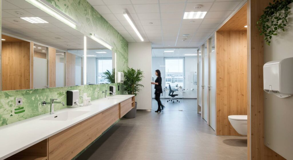 Sustainable restroom design incorporated into modern office space planning.