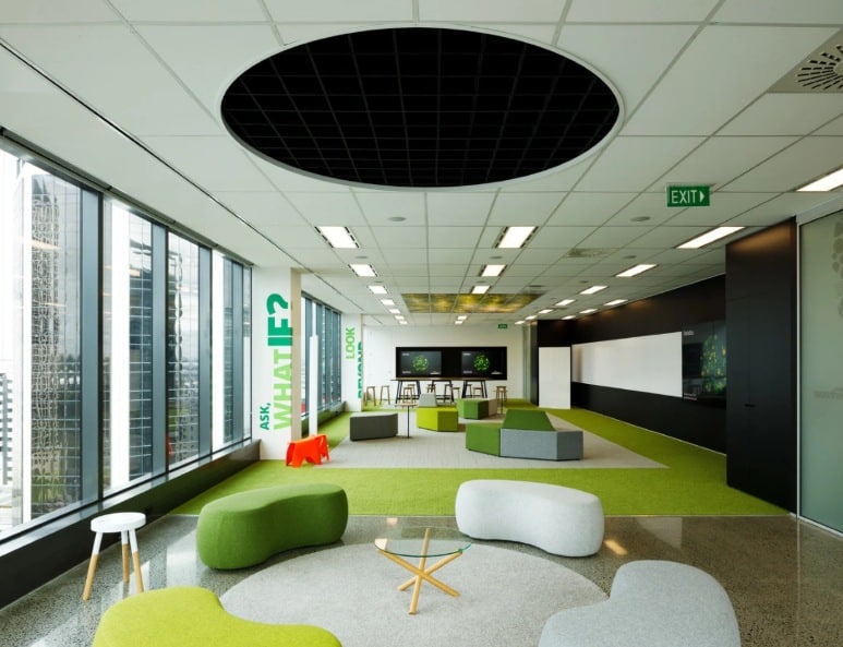 A spacious, modern open-concept office with a green and grey color palette. The room features modular "organic" shaped seating, a circular rug, and large windows. The wall displays the text "ASK, WHAT IF?" emphasizing a flexible and collaborative professional environment.