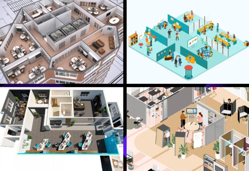 A collage of four different 3D architectural office floor plans. The designs showcase various layouts including open-plan workstations, private meeting rooms, and collaborative zones, illustrating strategic office space planning and flow.