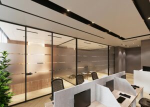 A high-end modern office interior featuring ergonomic workstations with privacy screens and sleek glass-partitioned meeting rooms, representing excellence in smart office space design.